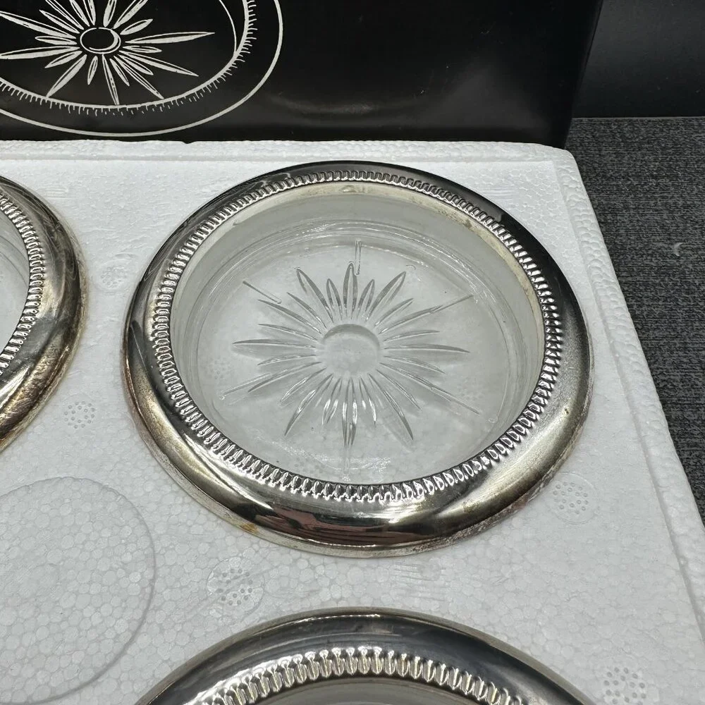 Vtg Godinger Silver Plated Crystal Coasters Starburst Pattern Italy NOS Boxed